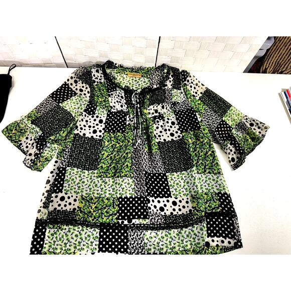 "Notations" Patchwork Sheer Blouse, TIe in Front,Ruffled Sleeves.Artsy,Country - Picture 4 of 8